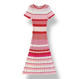 SundayUp Pink Pleated Stripped Knit Short Sleeve Midi Dress Size M Preppy Casual